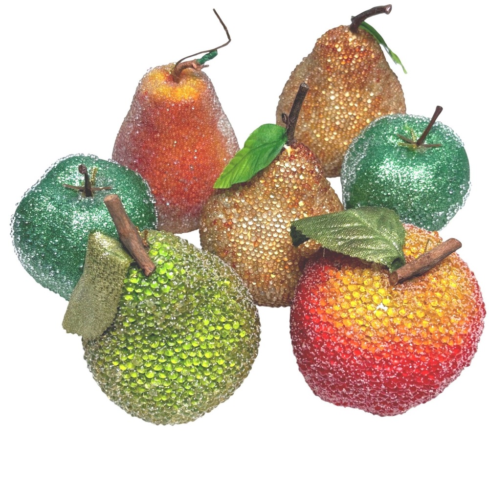 Faux Fruit 7pc Sugared Beaded Apple Pear Decorative Set holiday decor